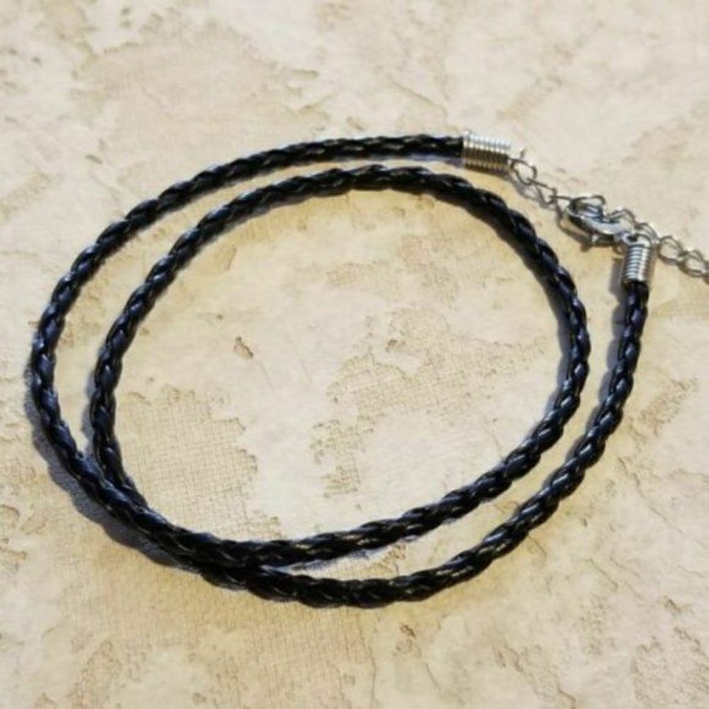 Black Braided Vegan Leather Cord Necklace 16" Long